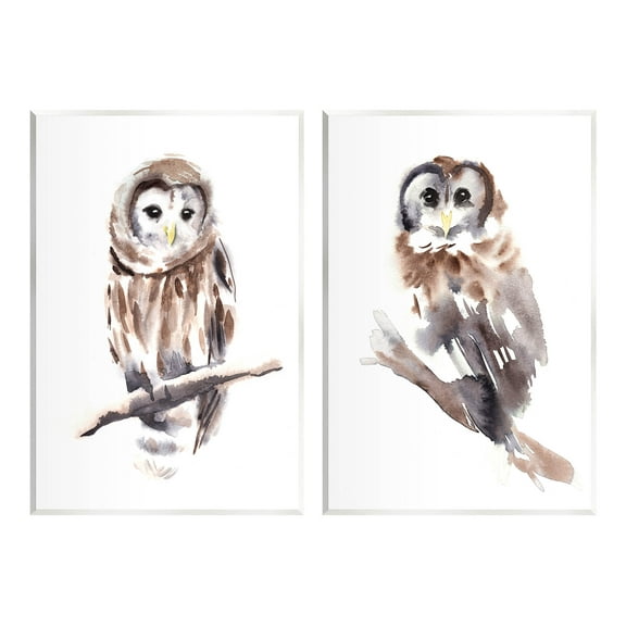 Stupell Industries Perched Owl Wildlife Portrait Painting Unframed Art Print Wall Art, Set of 2, Design by Annie Warren
