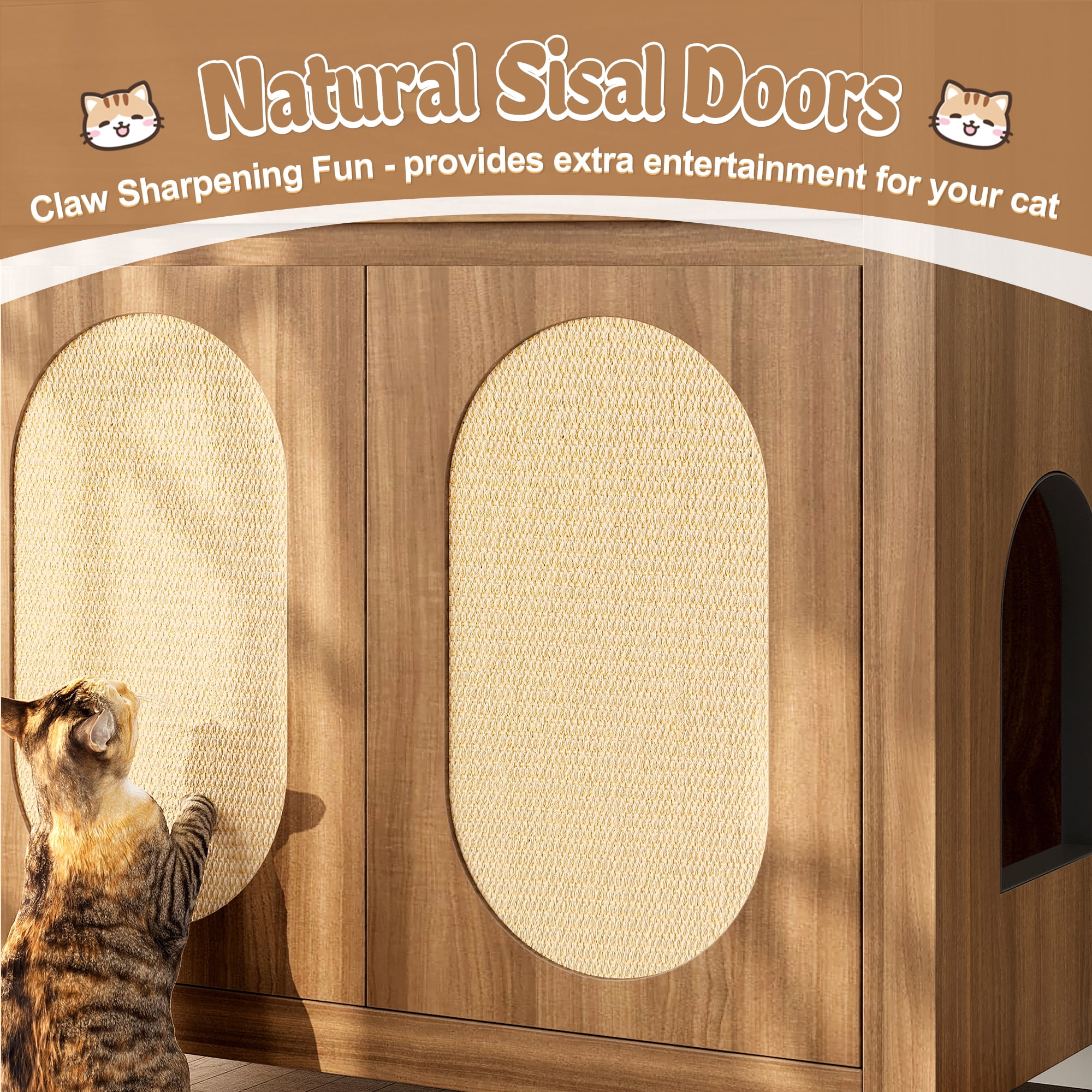 UPLLX Cat Litter Box Enclosure Furniture, Hidden Wooden Cat House with Scratching Doors, Storage Drawer, Side Table Cabinet, Espresso