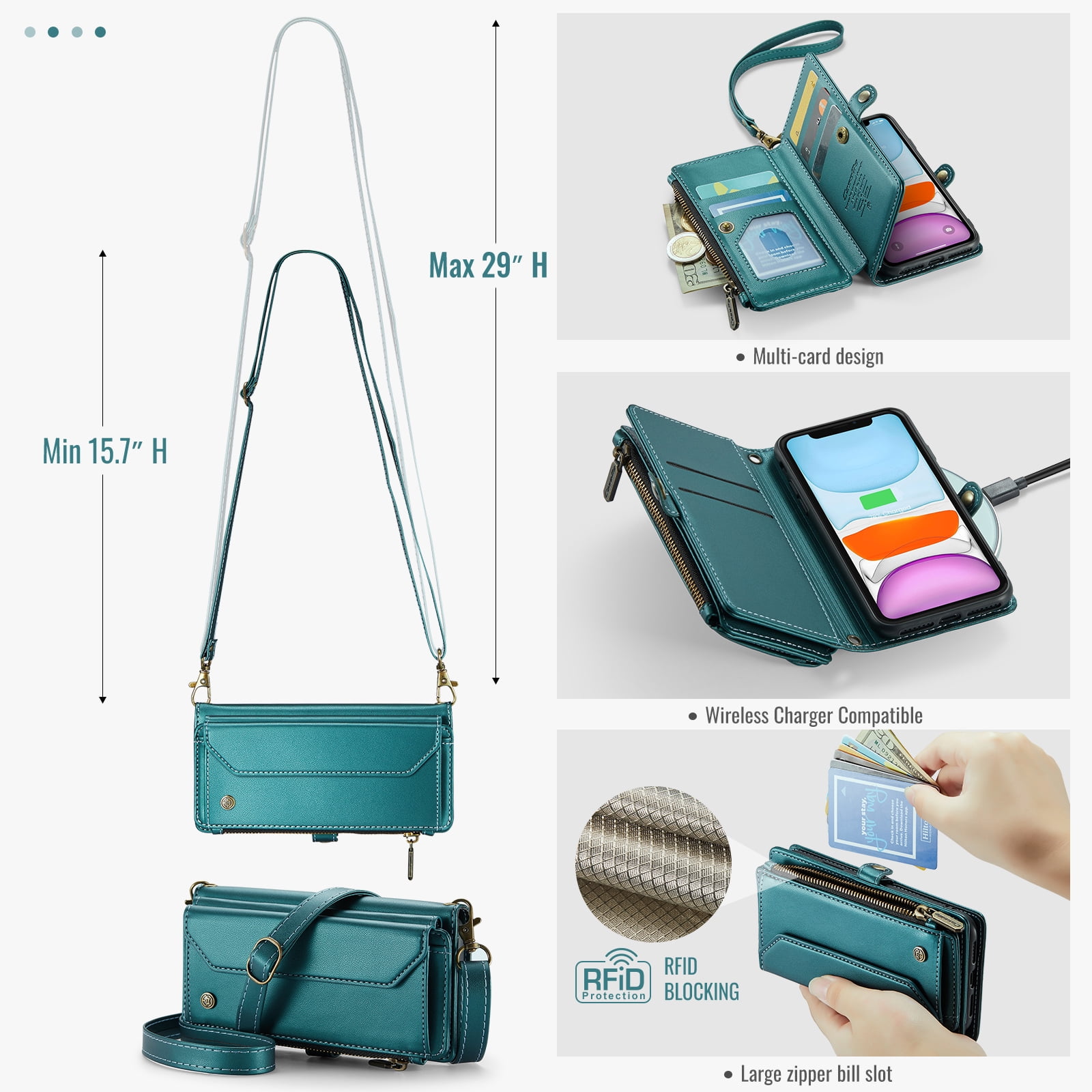 for iPhone 11 Full Body Protection Wallet Folio Flip Case, Shoulder Strap & Wristlet Card Slots Zipper Pocket RFID Blocking Rugged Durable PU Leather Phone Case Cover, Green