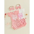 thumbnail image 3 of BemeyourBBs Baby Girls Summer Clothes Newborn Hospital Going Home Baby Girl Outfits She's Here Letter Print Fly Sleeves Romper and Bow Print Shorts Headband 3Pcs Set, 3 of 9