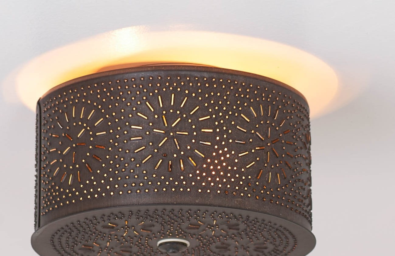 Irvins Country Tinware 2 Light Round Ceiling Light Kettle Black