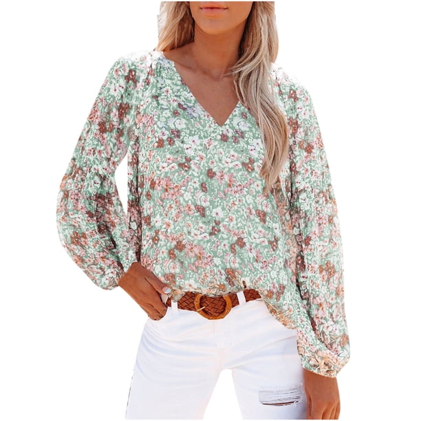 Blusas sueltas de manga larga con cuello en V y estampado floral informal para mujer Fridja fhghd2057