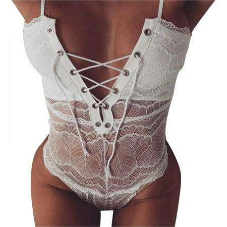 

Women s Sexy Lace-up Front Deep V Neck Eyelash Lace Bodysuit Lingerie