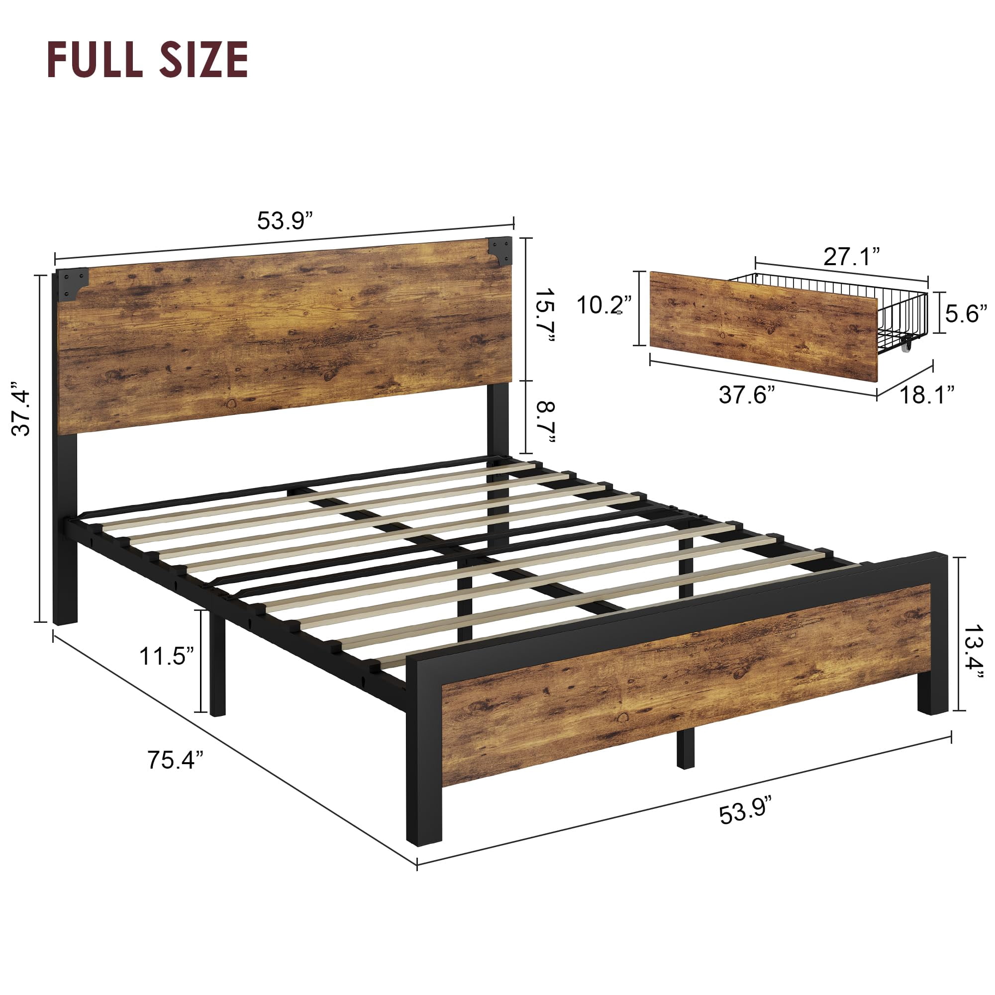 Queen Size Bed Frame with Wood Headboard, King Platform Bed Frame with Under Bed Storage and Metal Legs, Noise Free, No Box Spring Needed, Easy Assembly-Rustic Brown