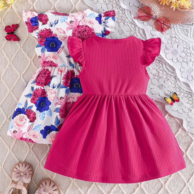 Gunia Birthday Dress For Girls 2-Pack Outfits Casual Sleeveless Bow Knot Ruffled Hem Two Piece Set To 3 Years Toddler Girl Dresses,Red 12-18 Months