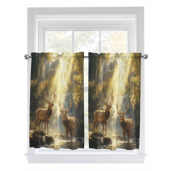 Tier Curtains 45 Inches Long, Golden Forest Deer Window Treatment Curtain Drapes, Fantasy Vintage Nature Scenery Window Half Privacy Curtains for Bedroom Bathroom, 42"x45", 2 Panels