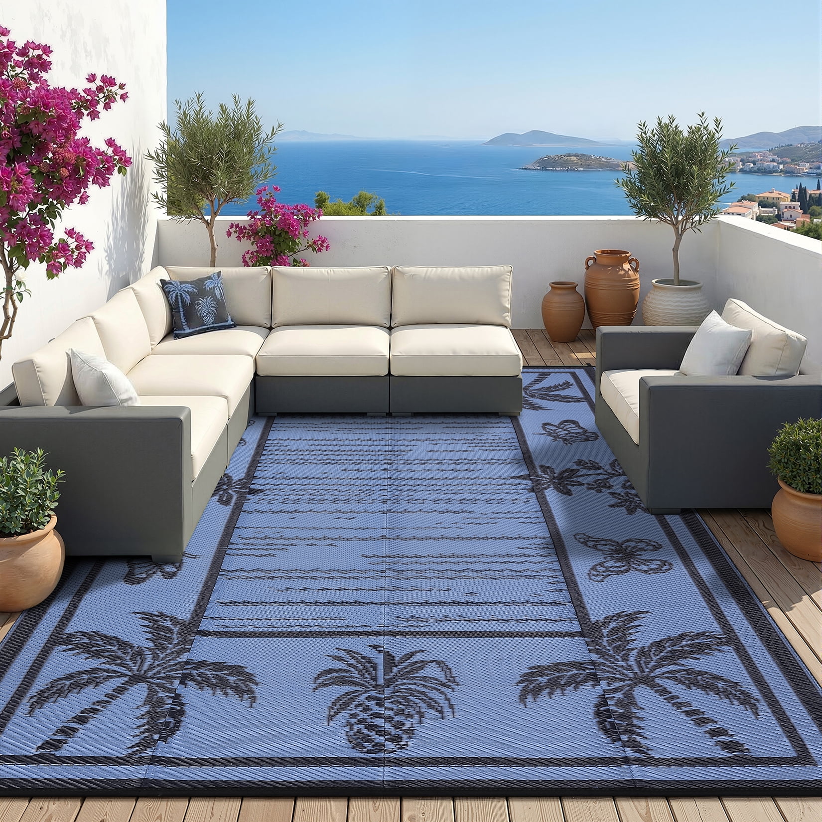 HIWEAVER Black/Blue 9'x 12' Outdoor Rug Garden Decor Floral Bordered Carpet Plastic Straw Waterproof Reversible Patio Area Rug for Balcony Deck Picnic Portable Camping Mat