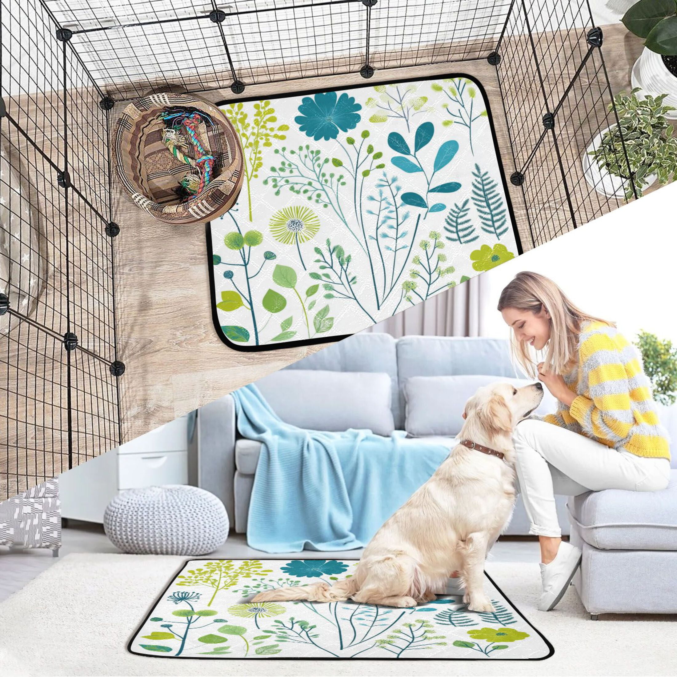 Washable Pet Pee Pads with Super Absorbent Reusable Training Pads for Dogs & Cats Blue-green Plants