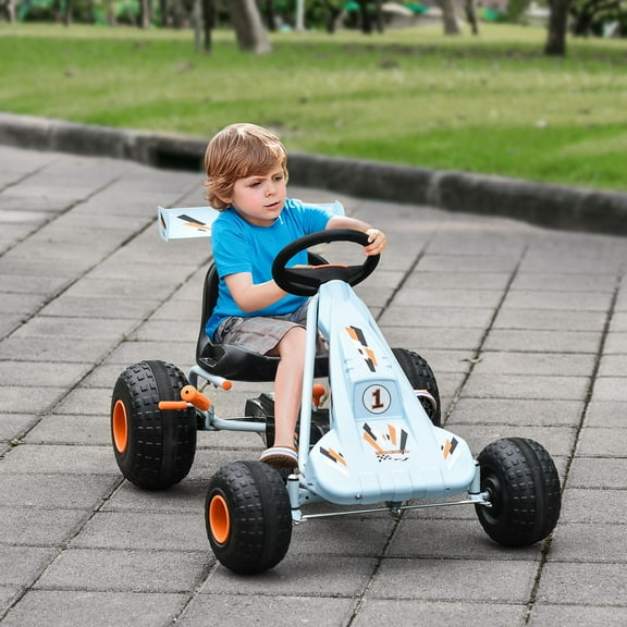 Aosom Pedal Go Kart Children Ride on Car Cute Style with Adjustable Seat, Plastic Wheels, Handbrake and Shift Lever, Light Blue