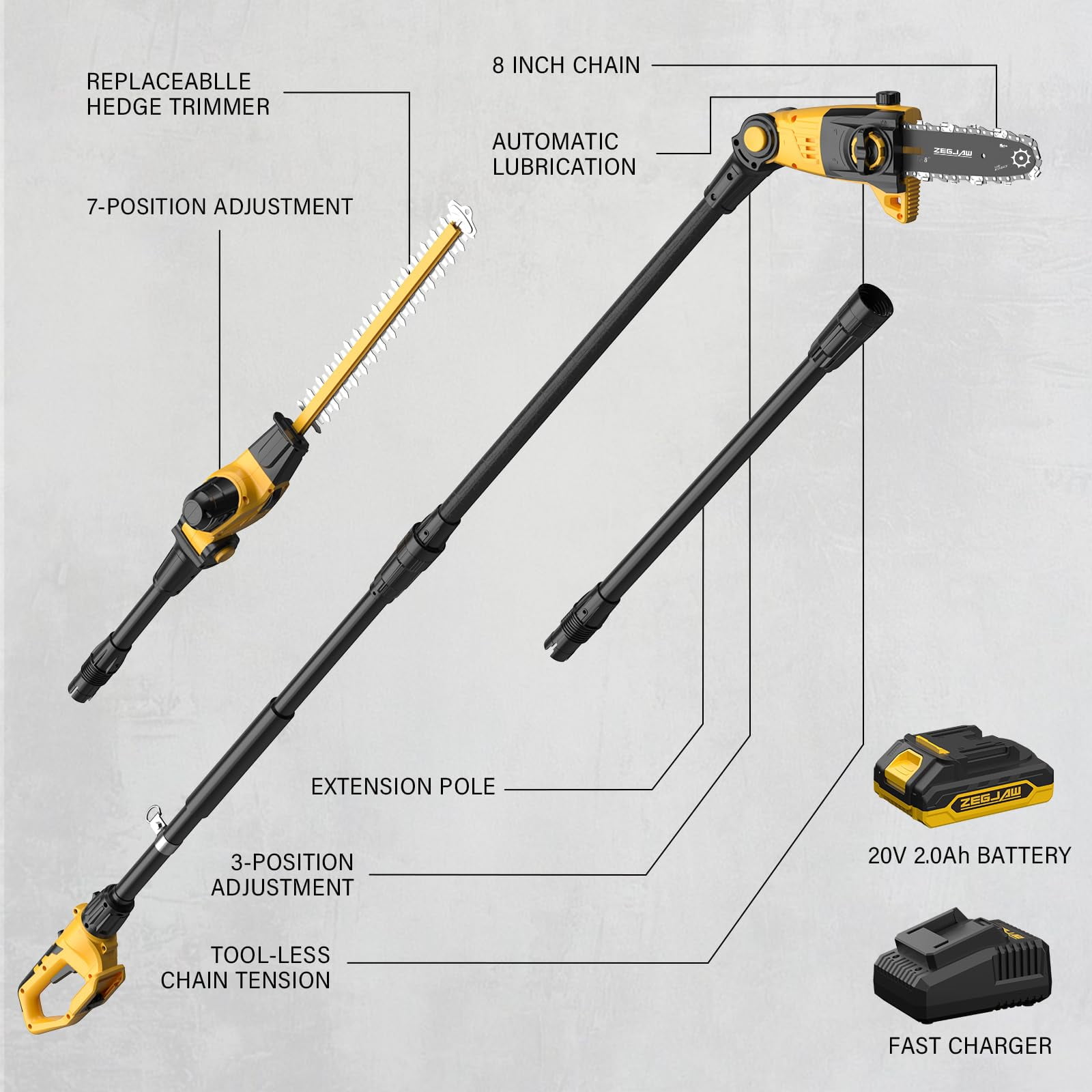 ZEGJAW Pole Saw 8-Inch Cordless Tree Trimmer and 18-Inch Pole Hedge Trimmer 2-In-1,15-Feet Max Reach, Auto Oiling, Telescoping Pole Chainsaw with 2.0Ah Battery & Charger