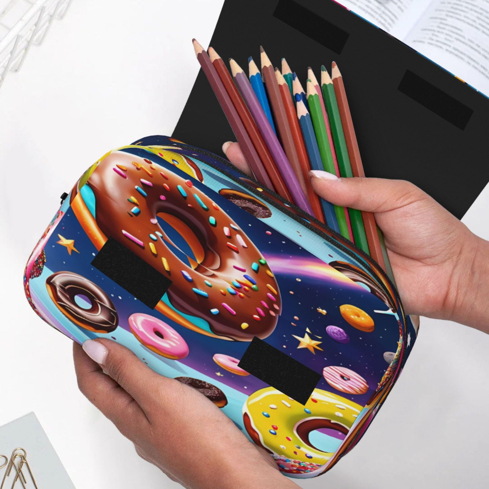 Rateoe Space Colorful Donut Pattern Double Clamshell Pen Case, Storage Organizer with Two Zipper Compartments– Holds Up to 50 Pencils & Pens