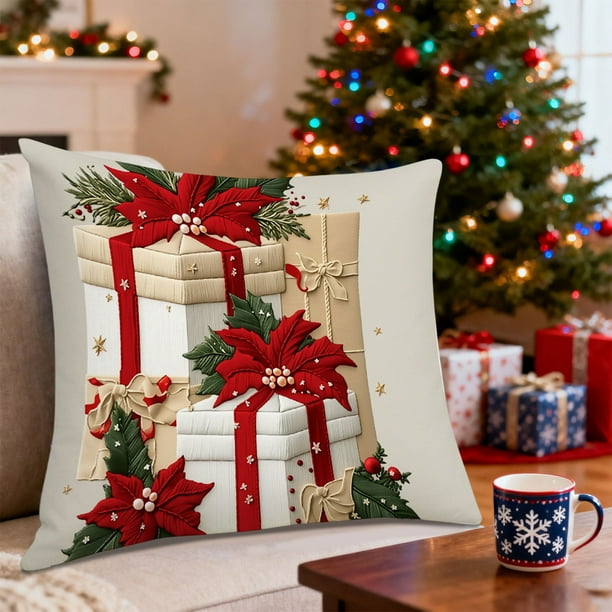 Herunwer Christmas Snowman Reindeer Gloves Eucalyptus Throw Pillow Covers, Winter Holiday Stripes Cushion Case Decoration for Sofa Couch