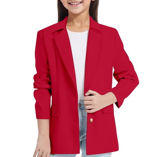 Veste Fille Manches Longues Col Cranté/col à Revers avec Poche Intérieure Ouverte devant Costume Décontracté pour Enfants