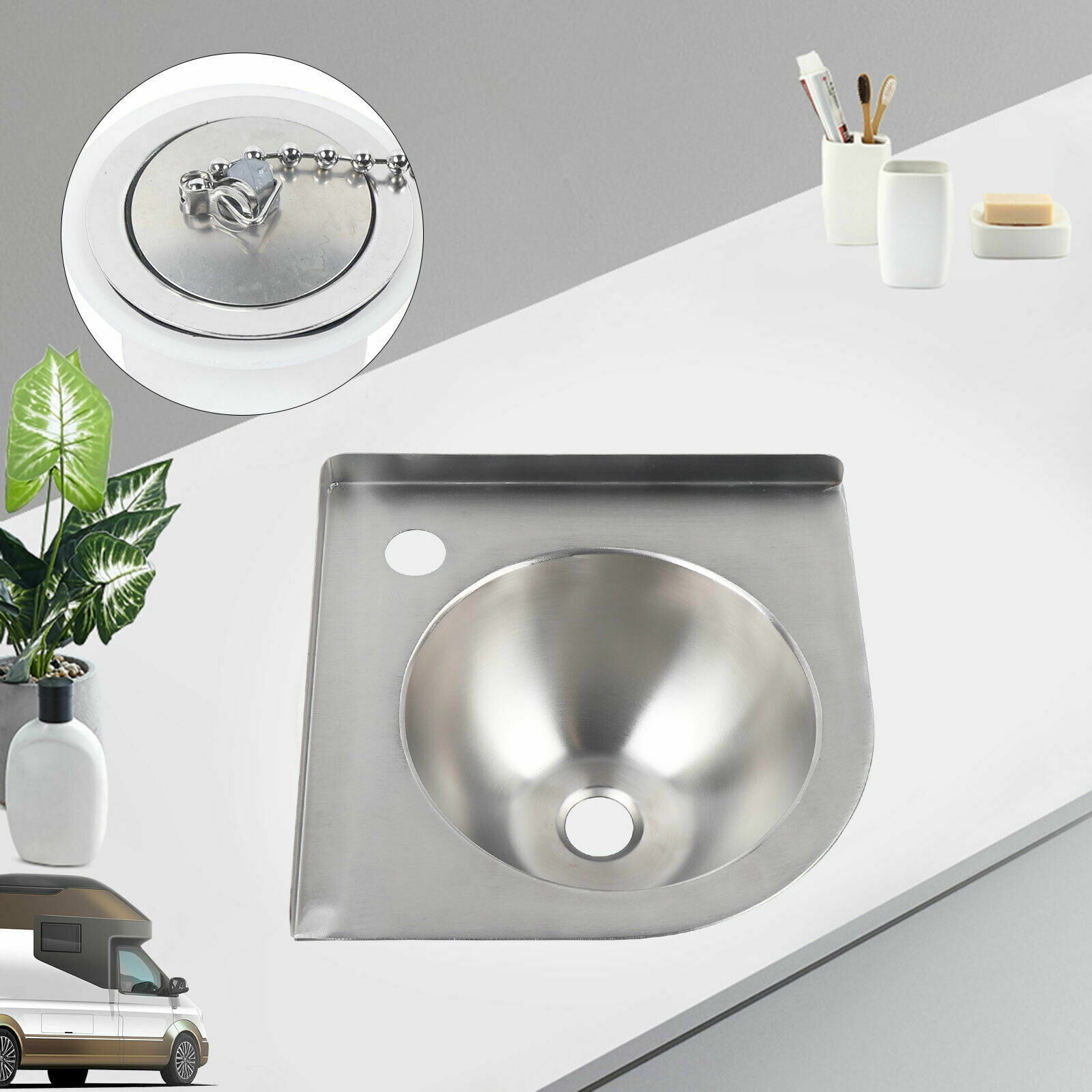 Bathroom RV Corner Basin Sinks, Boat Caravan RV Triangular Stainless Steel Sink with Down Pipe for RV Caravan Camper Boating Kitchen Washing Sink