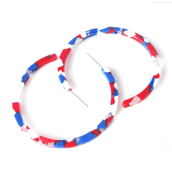 Patriotic Acrylic Open 2" Hoop Earrings Red, White & Blue