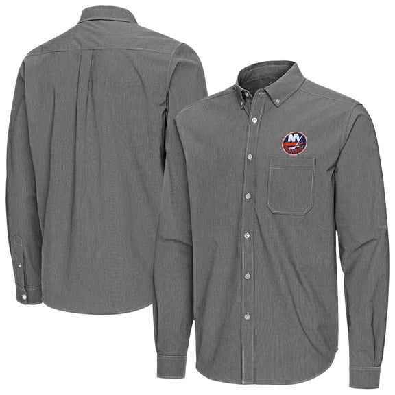 Men's Antigua Black New York Islanders Porter Woven Tri-Blend Long Sleeve Button-Down Shirt