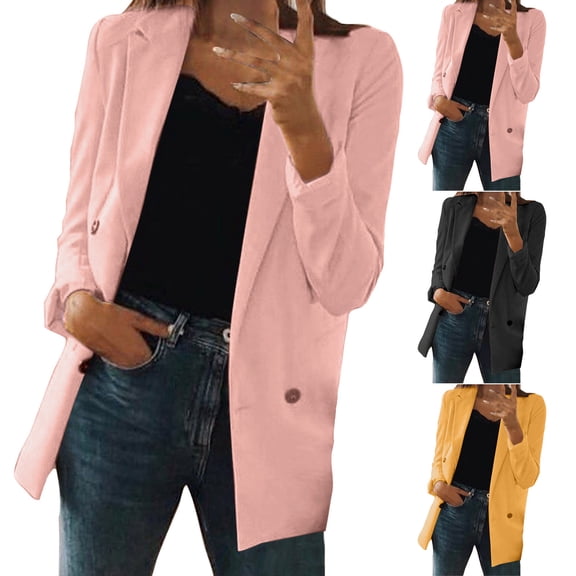 Lovskoo 2024 Blazers for Women Business Casual Solid Color Cardigan Mid Length Suit Coat Suit Coat Black
