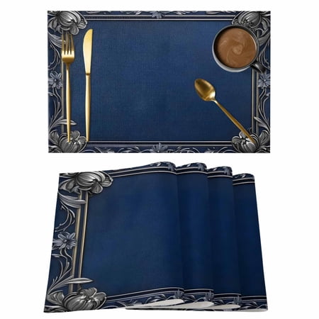 Navy Blue Geometric Placemats Set of 8 Farmhouse Geo Retro Art Watercolor Placemats for Dining Table Place Mats for Kitchen Tabletop Waterproof Wipeable Dining Table Mats Set