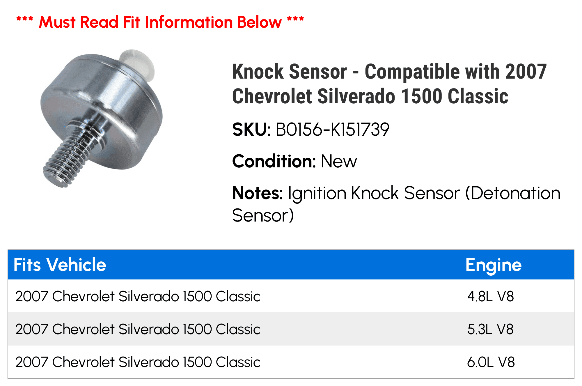 Knock Sensor - Compatible with 2007 Chevy Silverado 1500 Classic