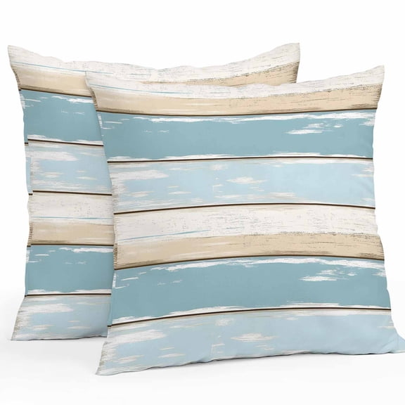 Blue Beige Wood Grain Outdoor Pillow Covers Pack of 2 Vintage Board Farmhouse Retro Waterproof Throw Pillow Covers Decorative Cushion Cases for Patio Garden Tent Balcony Couch 16x16 inch