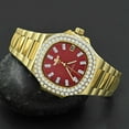 thumbnail image 2 of Men's Solid Steel Red Dial 18K Gold Finish Simulated Diamond 36mm Watch W/Date, 2 of 8