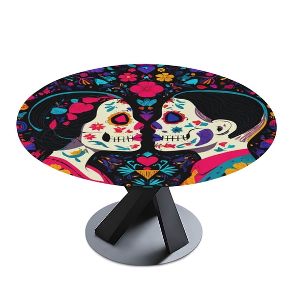 Round Premium Polyester Tablecloth Round Table Cloth Cover For Kitchen And Dining Room Two Sugar Skull