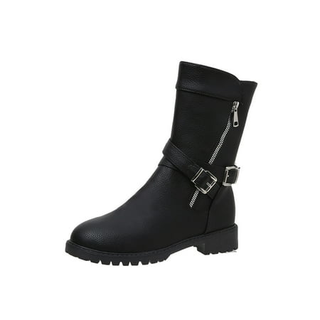 

Eloshman Women Waterproof Round Toe Mid Calf Boots Work Comfortable Strap Buckle Shoes Lug Sole Black 5