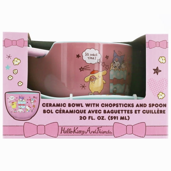 Silver Buffalo Hello Kitty and Friends Snack Time Group Pancake Hang Boxed 20oz Ceramic Ramen Bowl with Chopsticks and Spoon