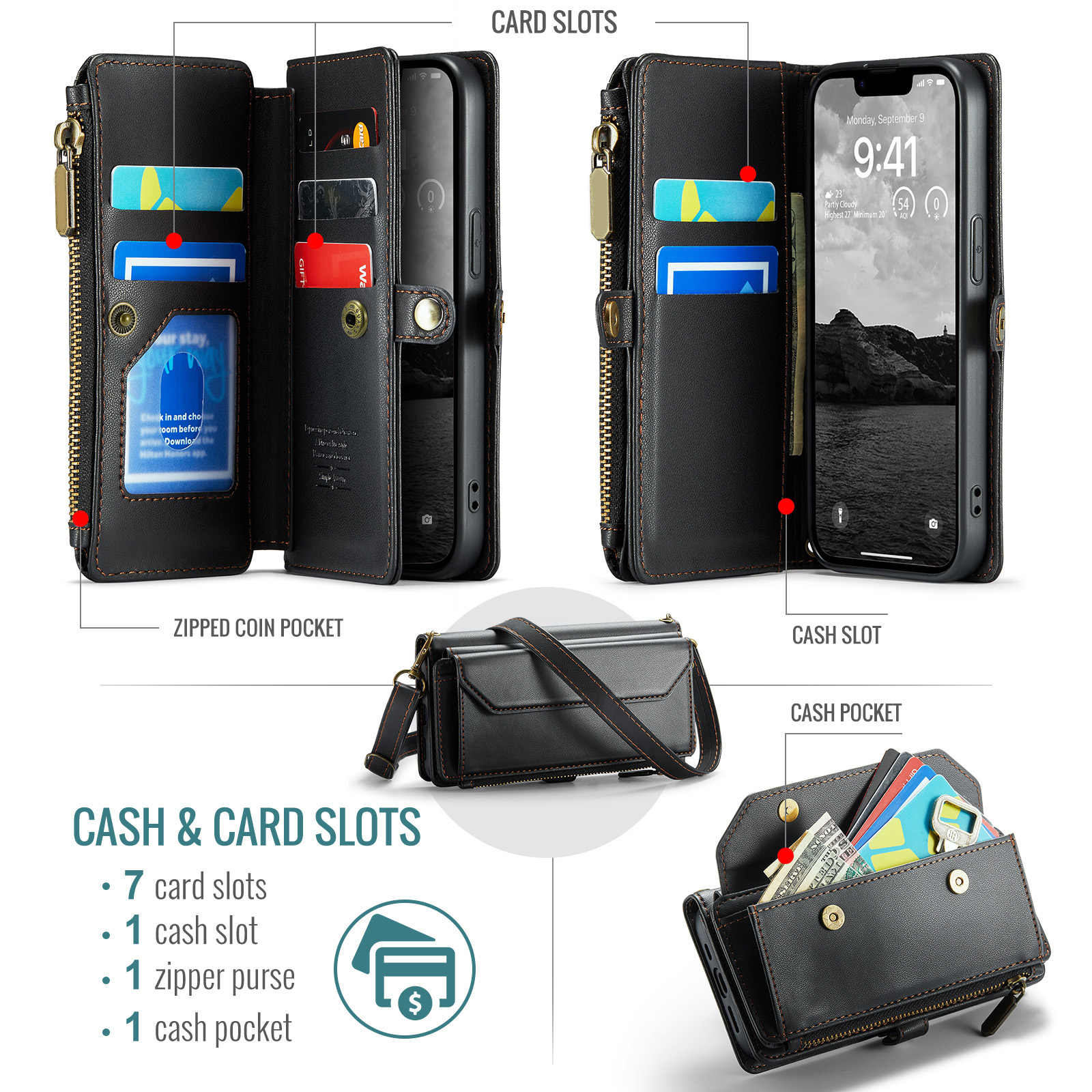 Compatible with iPhone 16e/SE 2025/SE 4 Zipper Wallet Phone Case Tempered Glass Screen Protector Crossbody Lanyard Strap Flip Card Holder Slot Cell Cover for i Phone16e i16e 16 e SE4 Women Black