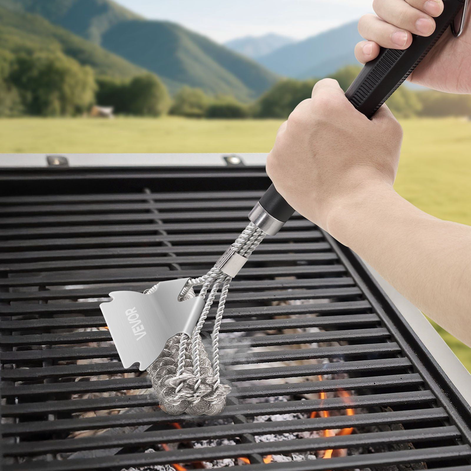 BBQ Grill Brush and Scraper, Stainless Steel Bristle-Free Grill Cleaner 17 Inch, Heavy-Duty Helix Design, Heat-Resistant Handle, Ergonomic Grip, Safe and Efficient Cleaning Tool for Charcoal, Gas