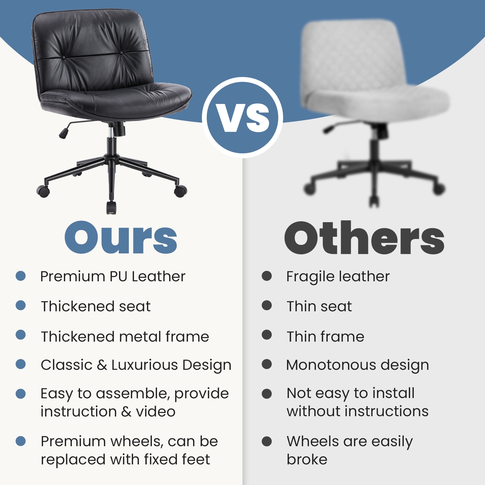 CONCETTA Cross Legged Armless Office Chair, 26.8" Wide PU Leather Seat, Adjustable Swivel Vanity Desk Chair with Rocking Function, Khaki Gray