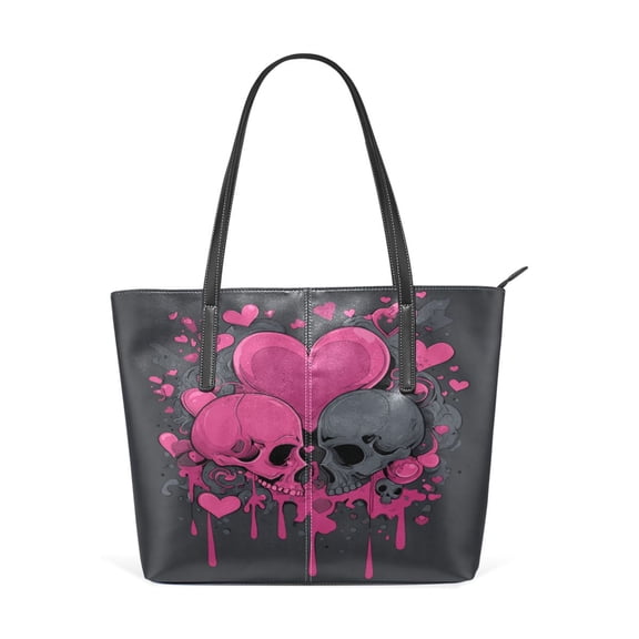 11.8" x 11" Women's Aesthetic Leather Tote Bag, Zipper Closure Travel Shoulder Bag with Compartments, Ladies Purses Handbag Pink Hearts and Black Skulls