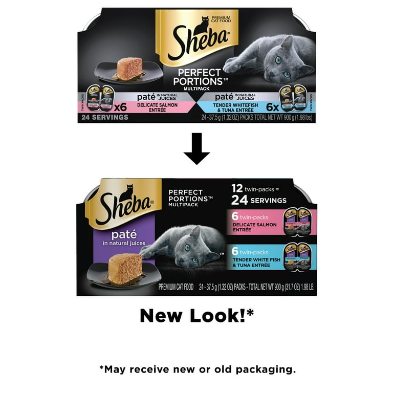 SHEBA Wet Cat Food Pate Variety Pack, Delicate Salmon and Tender Whitefish  & Tuna Entrees, 2.6 oz. PERFECT PORTIONS Twin Pack Trays