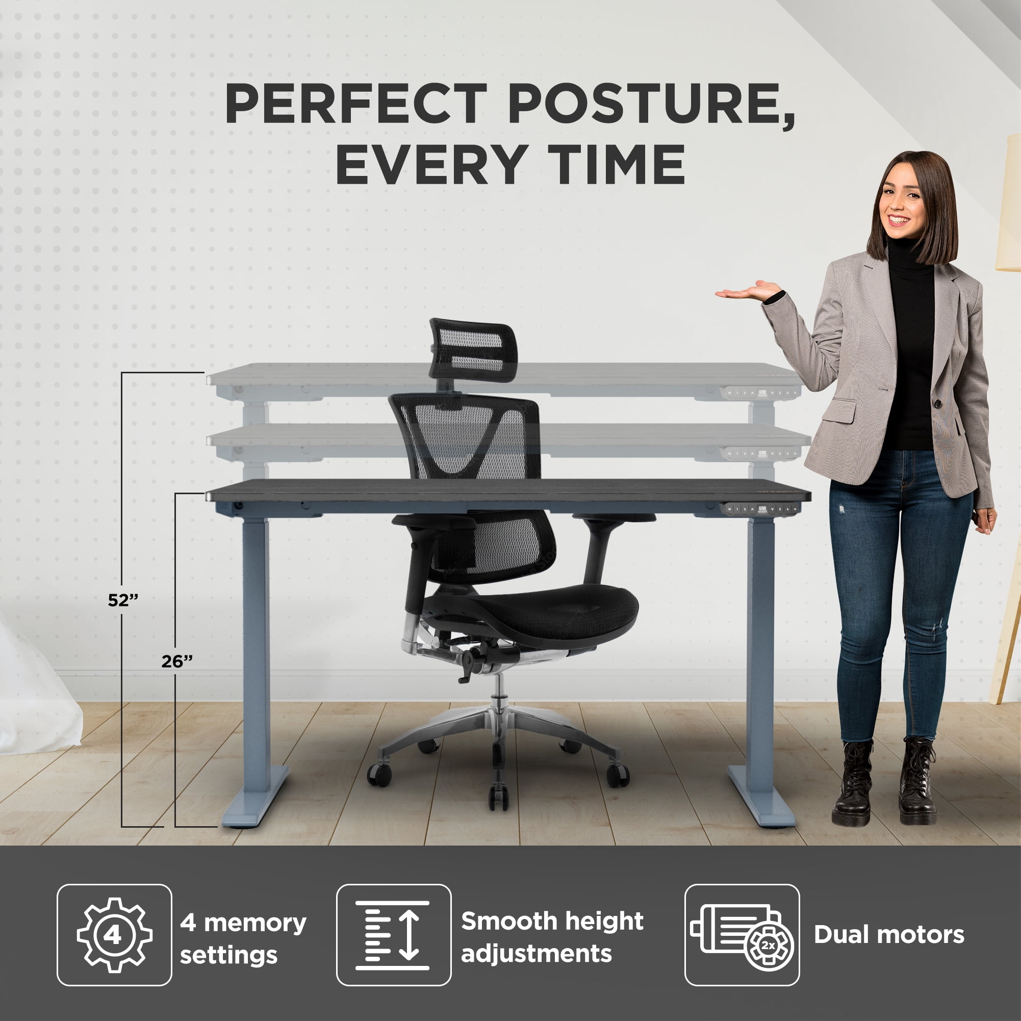 Rise Up Premium Electric Standing Desk 48x30”| Dual Motor Adjustable Height Sit Stand Computer Desk for Home Office | Ergonomic Motorized Desk with Memory Presets, Anti-Collision, and Steel Frame