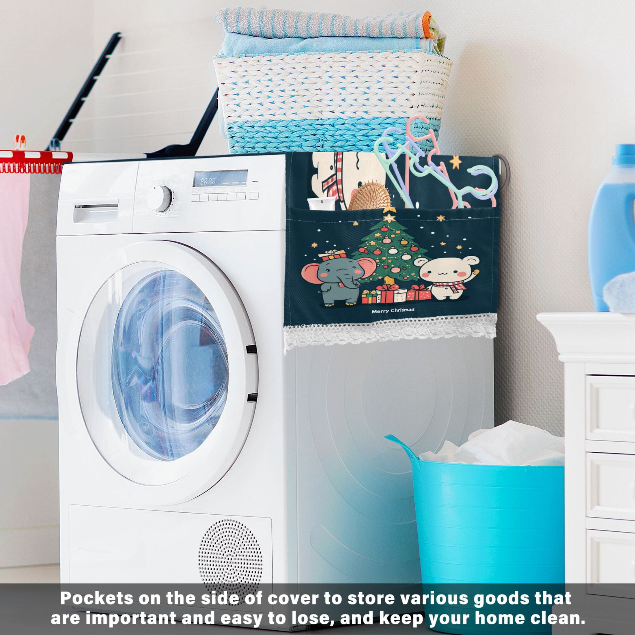 Cute Elephant and White BearWasher and Dryer Covers Dust-Proof and Oil Resistant Fridge Cover with 4 Storage Pockets Washing Machine Top Cover for Laundry Kitchen Home 51.2 x 22 In