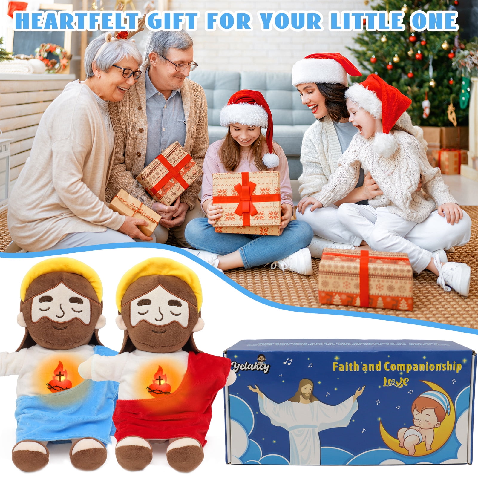 Halo Breathing Jesus Plush Doll Sacred Heart Jesus Doll Sound And Light, Christian Religious Toy For Church Prayer Home Decoration Baptism Easter Christmas Kid Gifts-Blue