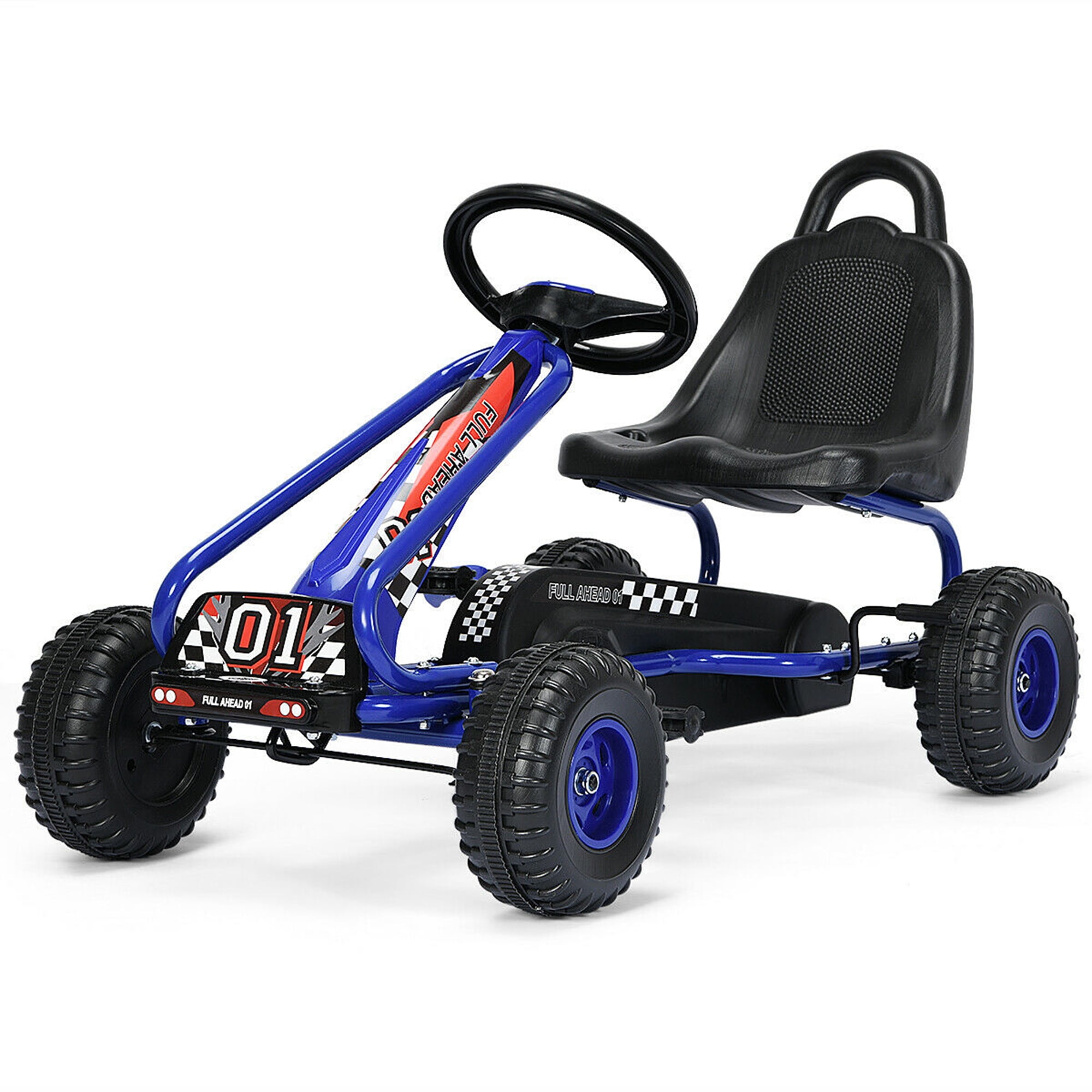 CHILDRENS KIDS BLUE PEDAL GO KART CART WITH INFLATABLE WHEELS AND HAND BRAKE 