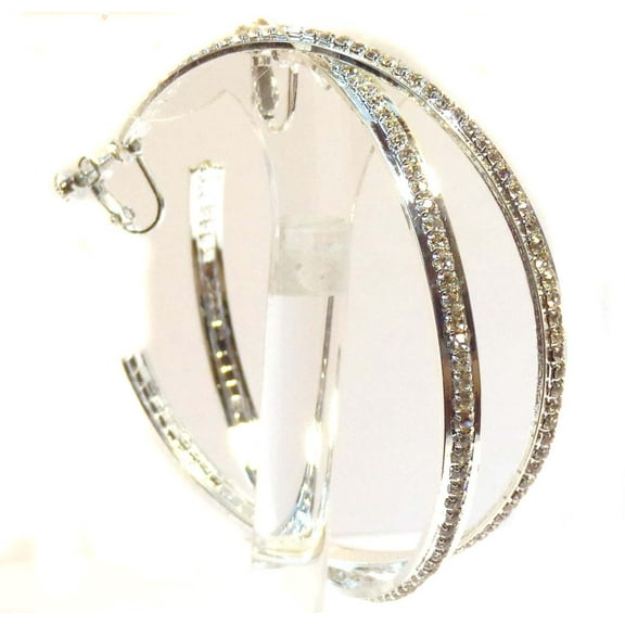 Clip-on Earrings Lined Crystal Hoop Earrings Silver Tone 2.5 inch Hoops