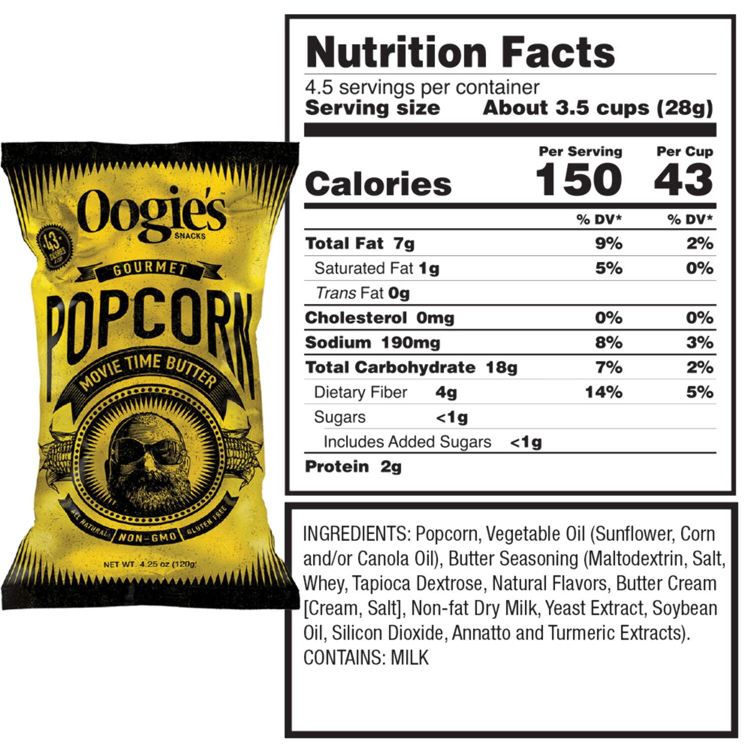Oogie’s Snacks Gluten-Free Movie Time Butter Popcorn, 4.25 oz Big Bags (4 Count)