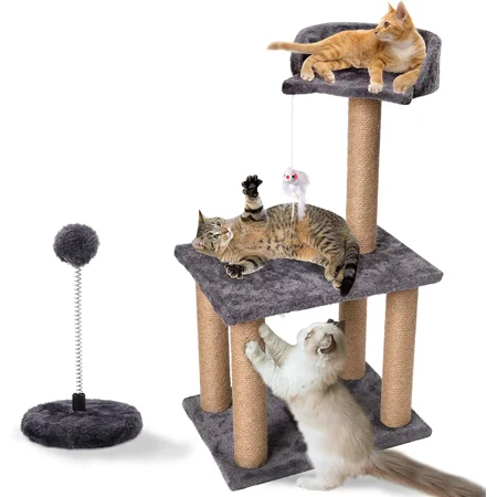 HYSFA 3 Tier Cat Tree Tower Scratching Post Climber with Sisal Toys & Cat Perch Bed for Small Medium Cats Gray