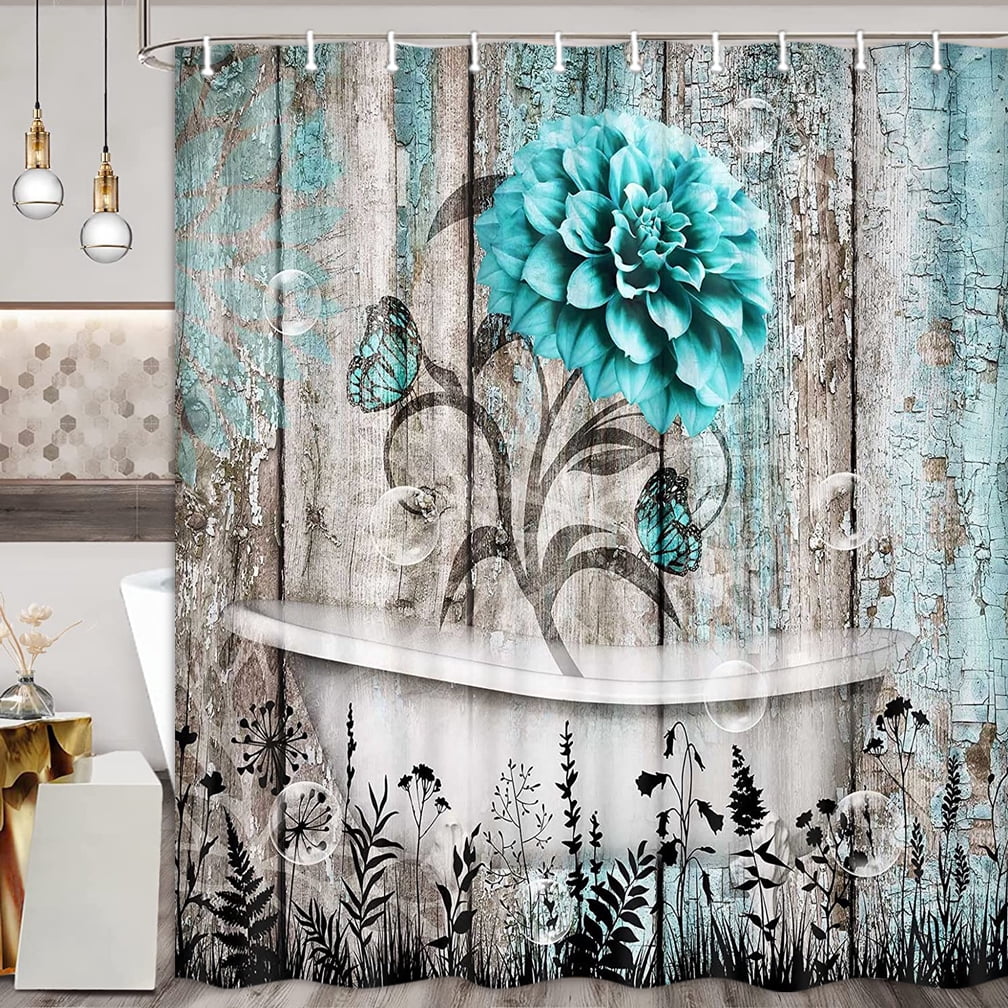 Rustic Teal Flower Shower Curtain for Bathroom, Farmhouse Dahlia Floral Butterfly on Country Old Wooden Plank Bathtubs Curtains, Retro Turquoise Blue Grey Restroom Decor Accessories with Hooks,60X70in