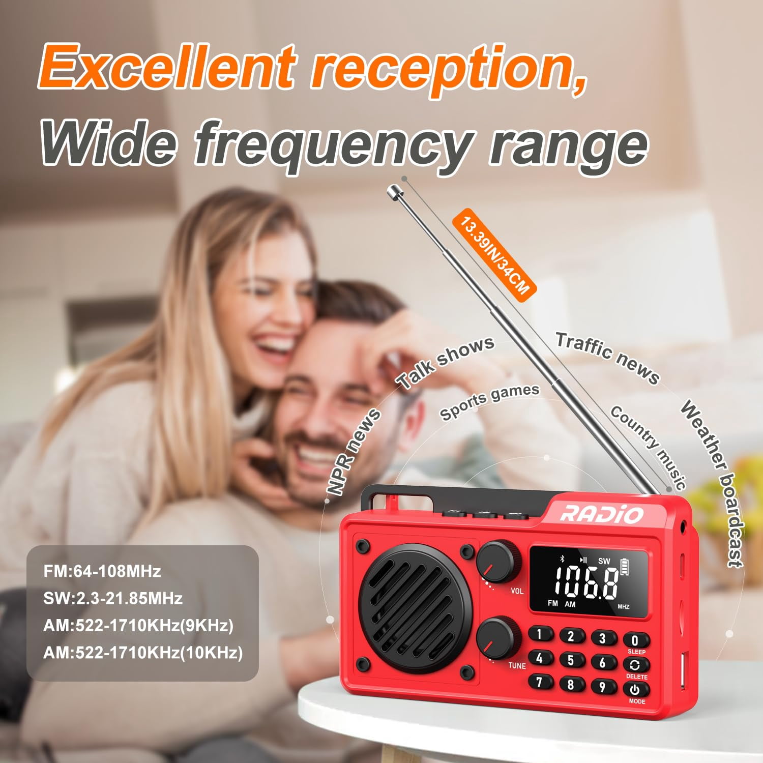 Portable AM/FM/SW Radio with Bluetooth 5.4｜1500mAh 30H Battery｜Crystal Clear Reception｜Compact Travel Speaker｜Sleep Timer & Emergency Ready