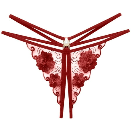 Yuhangmm Women s Panties Women Floral Embroidery Hollow Sexy Low Waist Underpants Open Cut Pearl Massage Thong Underwear plus Size 4x
