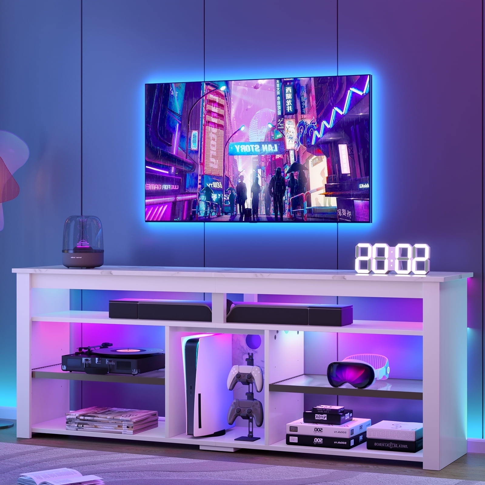 Bestier 63" Tall TV Stand with LED Lights, Entertainment Center for TVs up to 70 inch, TV Console with Storage & Adjustable Shelves in White Marble
