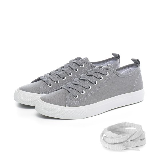 The Fashion Supply Canvas Shoes for Women, Casual Low Top Lace-Up Womens Shoes Sneakers, Extra Laces (Grey, 7)