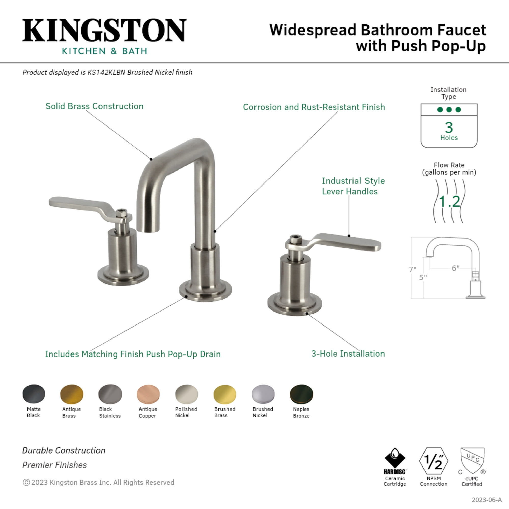 Kingston Brass KS142KLBN Whitaker Widespread Bathroom Faucet with Push Pop-Up Drain, Brushed Nickel