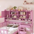 thumbnail image 3 of Twin Size Multi Functional Wooden Platform Bed with Bedside Bookshelf, Built-in Desk, Matching Chair, Practical Combination Bed with Guardrail, for Bedroom, Pink, 3 of 9