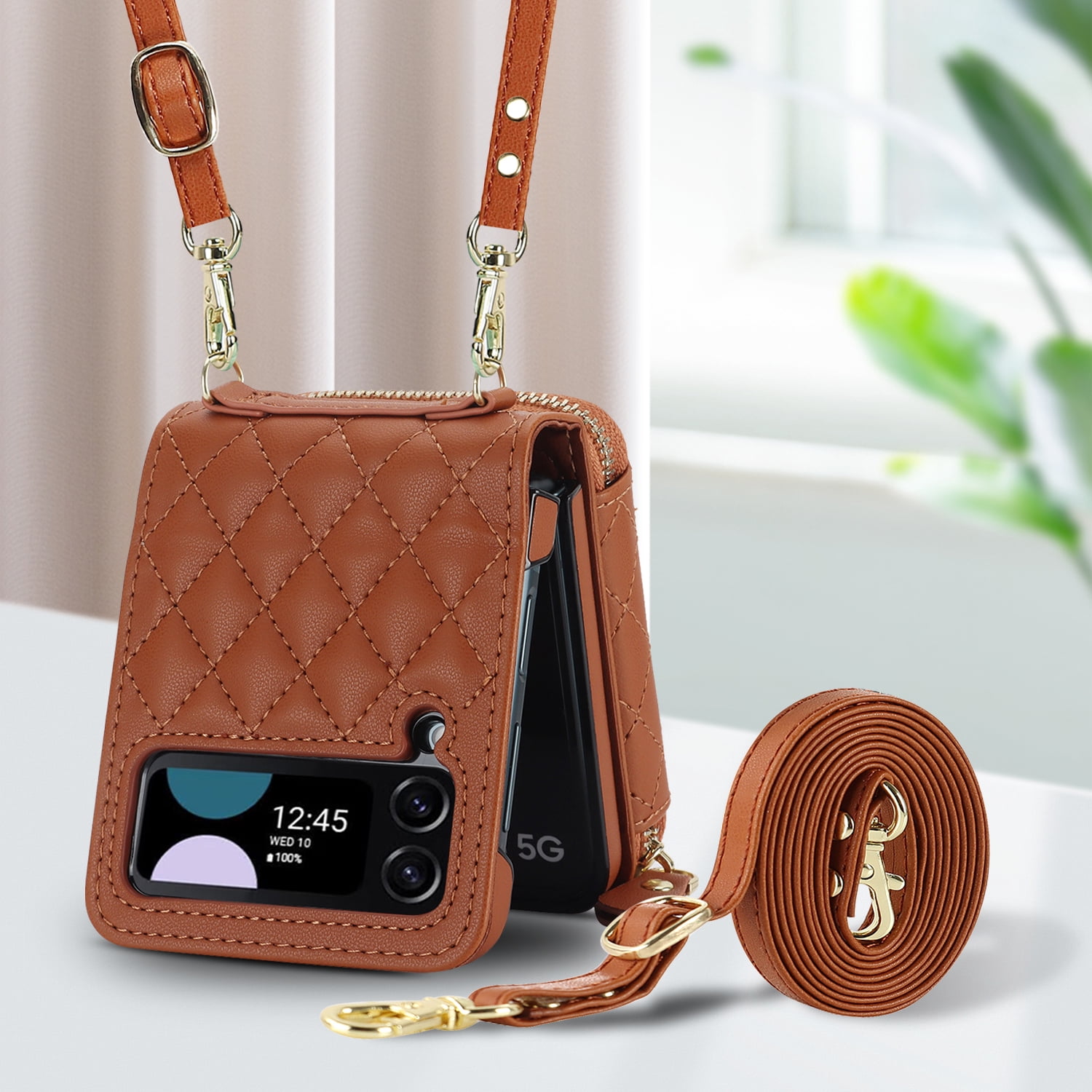 Dteck for Samsung Galaxy Z Flip 4 Case with Card Holder RFID Blocking, Crossbody Wallet Case for Z Flip4 with Adjustable Strap, Zipper Purse Leather Handbag Case Compatible with Galaxy Z Flip4,Brown