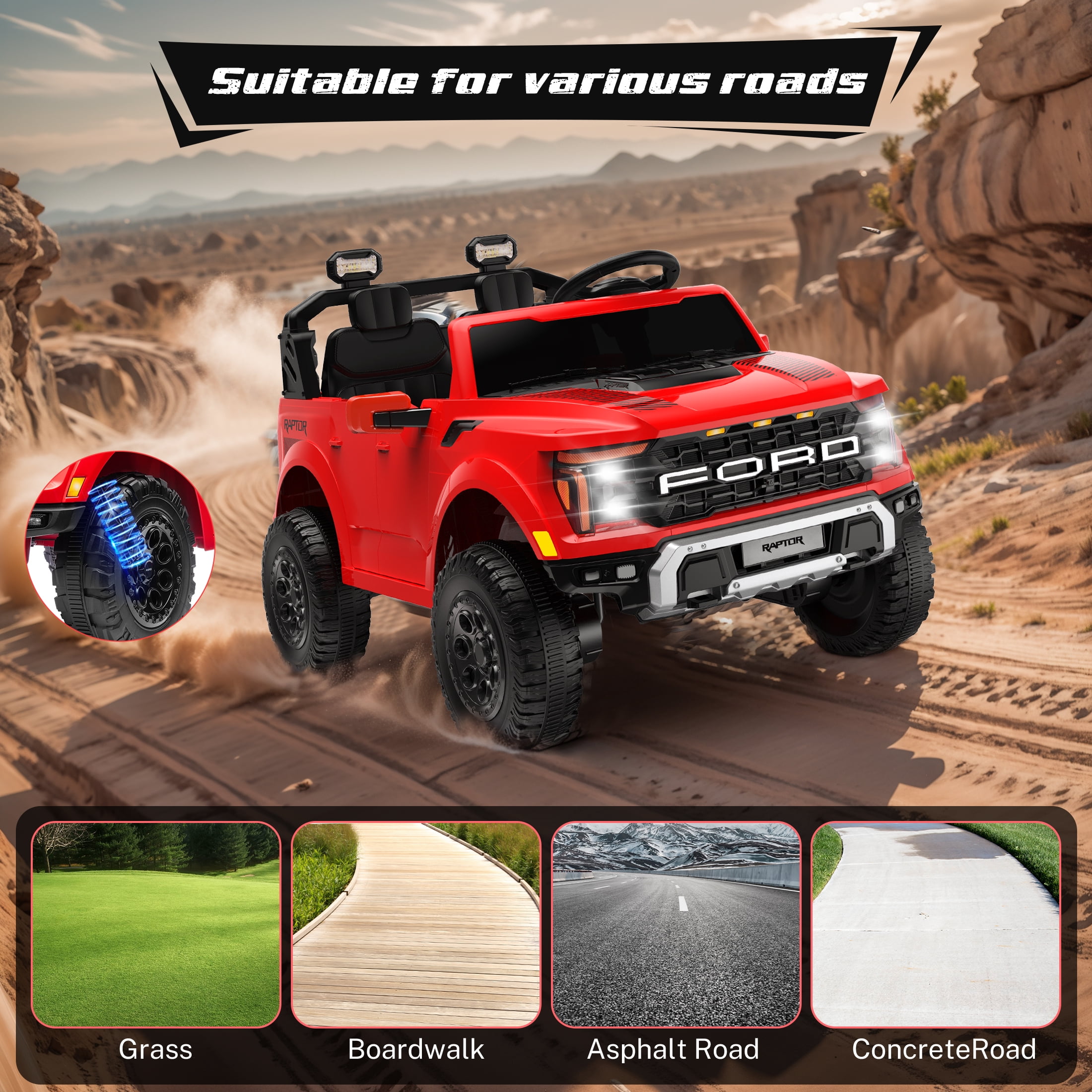 Ford F150 Raptor 2 Seater Ride on Toy Trucks for Kids, 24V Powered 2 Seat Ride on Cars with Remote Control/4 Wheelers/LED/Bluetooth/ Truck Bed Storage/Soft Start, Kids Electric Cars for Boys Girls