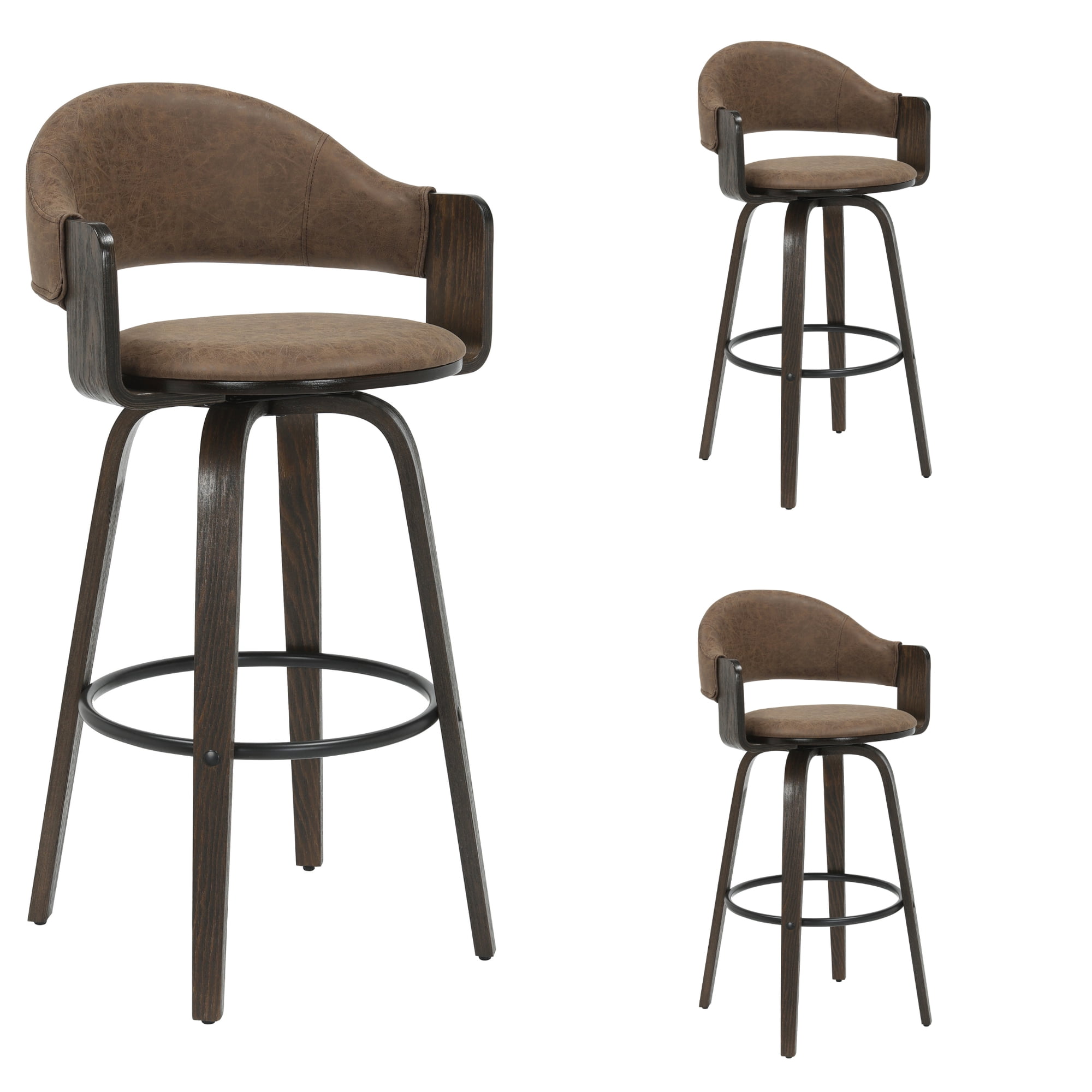 Daxton 40 in. H Swivel Bar Height Vintage Dark Brown Round Back Wood Bar Stool with Faux Leather Seat Set of 3